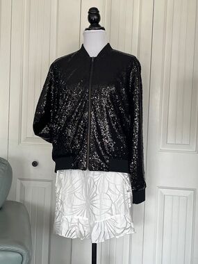 Black Sequin Bomber Jacket - Women's Sparkle Zip-Up Size XXL